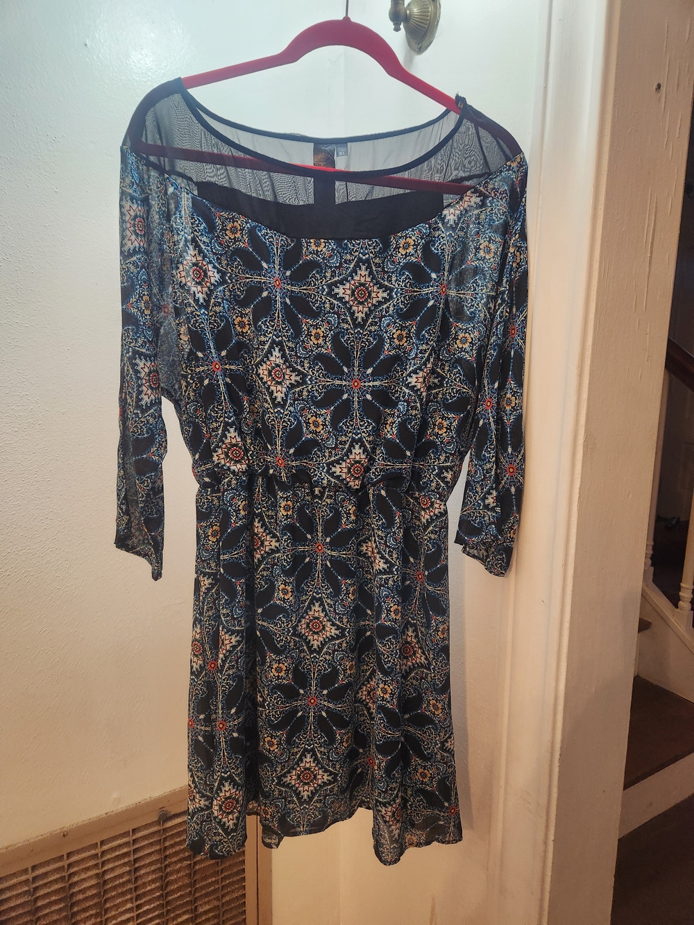 Navy Printed Mesh-Yoke Long Sleeve Dress